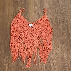 Coral Crochet Fringe Top 143 Story Line Up Sz 1x Festival Boho Hippie Like New